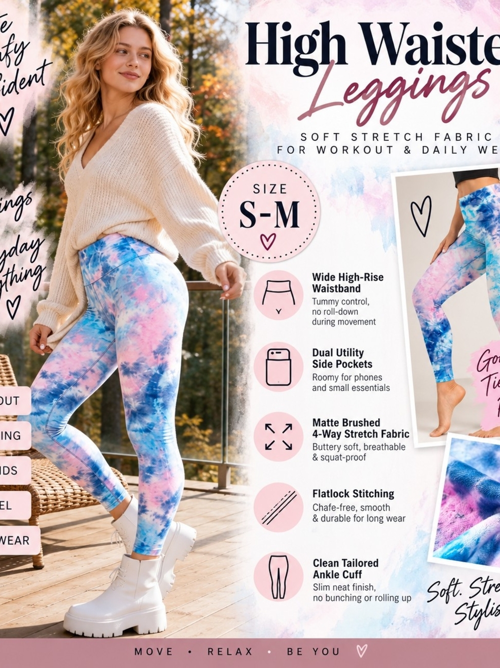 High Waist Tie-Dye Leggings - Blue & Pink